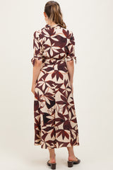 Brown Leaf Print Maternity Maxi Shirt Dress