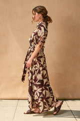 Brown Leaf Print Maxi Shirt Dress