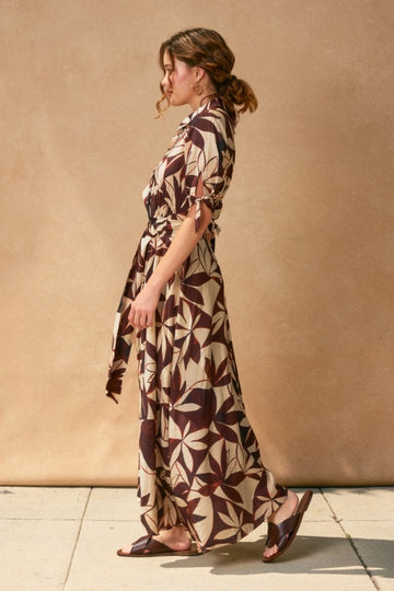 Brown Leaf Print Maxi Shirt Dress
