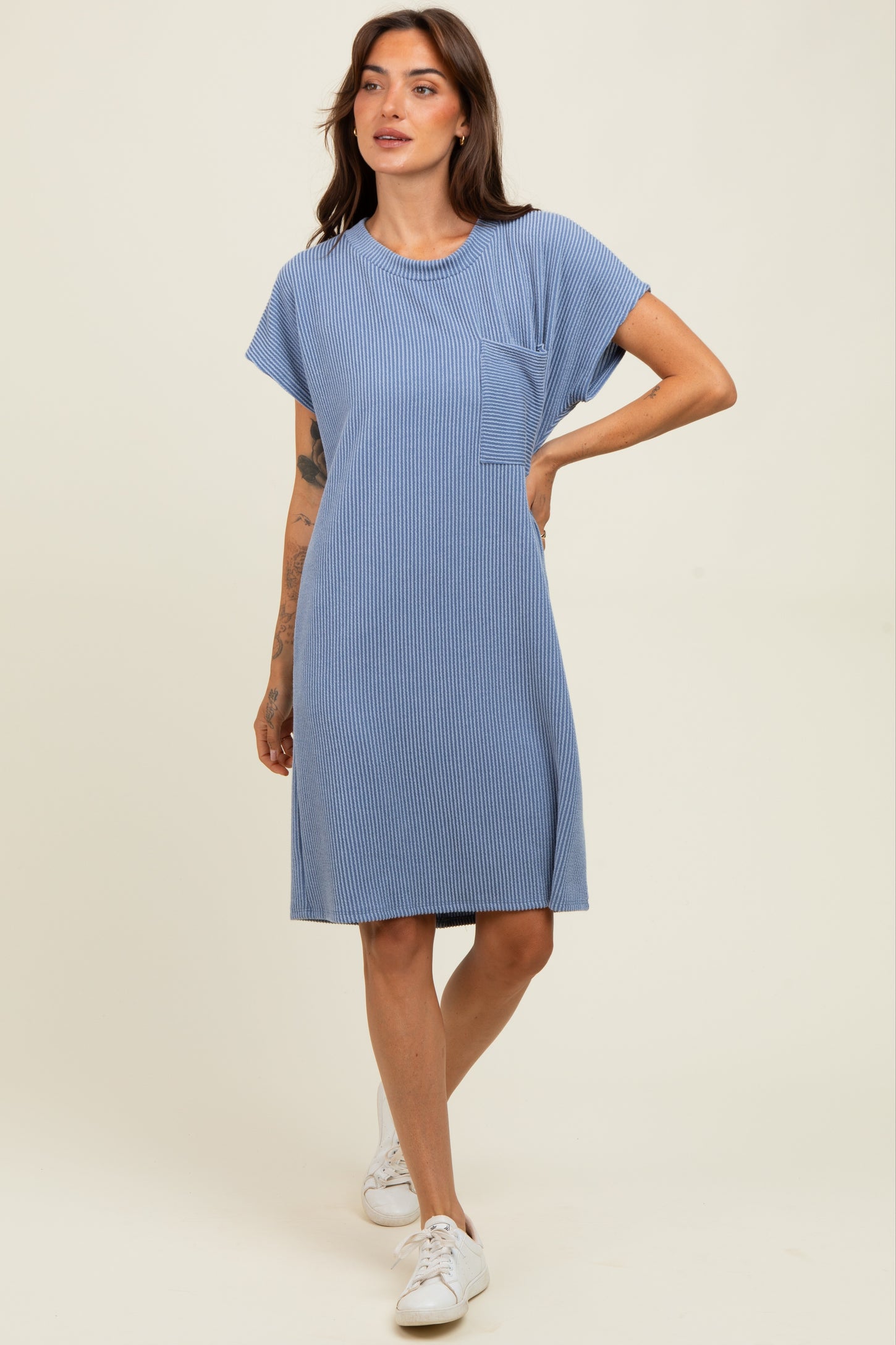 Blue Ribbed Front Pocket Dolman Short Sleeve Maternity Dress