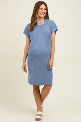 Blue Ribbed Front Pocket Dolman Short Sleeve Maternity Dress