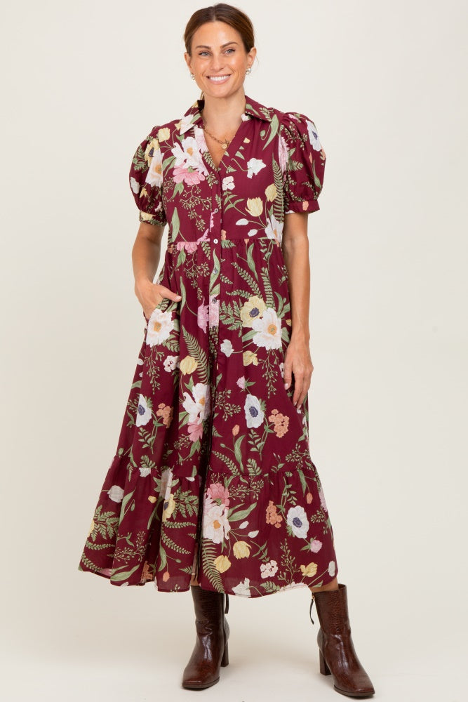 Burgundy Floral Puff Sleeve Button Down Maternity Midi Dress