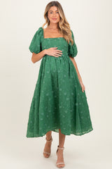 Forest Green Embroidered Floral Puff Sleeve Maternity Midi Dress