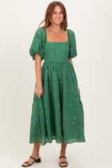 Forest Green Embroidered Floral Puff Sleeve Midi Dress