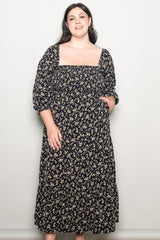 Black Floral Smocked Long Sleeve Plus Maxi Dress