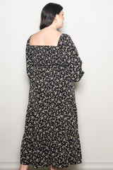 Black Floral Smocked Long Sleeve Plus Maxi Dress
