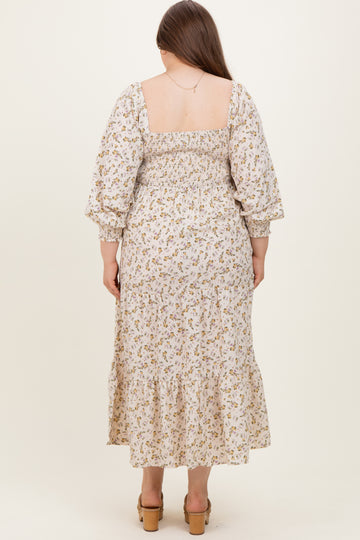 Cream Floral Smocked Long Sleeve Maternity Plus Maxi Dress