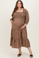 Mocha Floral Smocked Long Sleeve Maternity Plus Maxi Dress