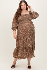 Mocha Floral Smocked Long Sleeve Maternity Plus Maxi Dress