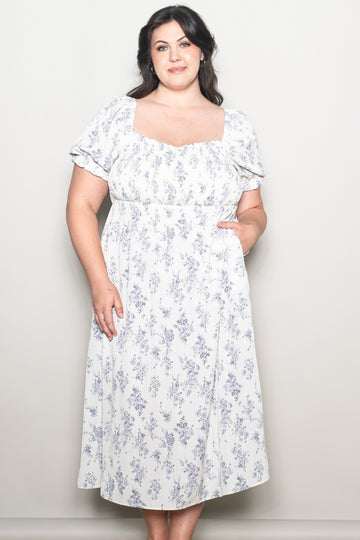 Ivory Floral Smocked Sweetheart Neckline Plus Midi Dress