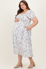 Ivory Floral Smocked Sweetheart Neckline Maternity Plus Midi Dress