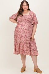 Pink Floral Smocked Maternity Plus Midi Dress