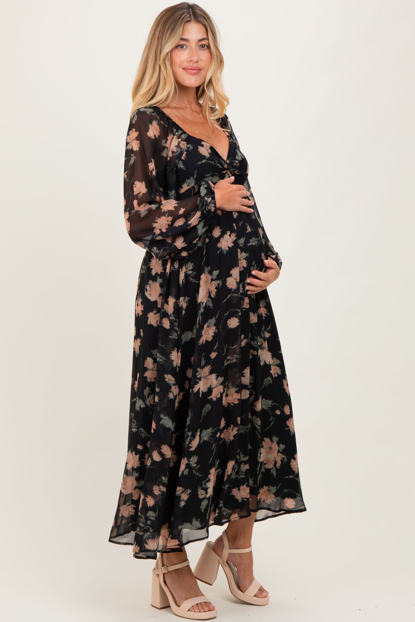 Black/Peach Floral Knotted Bust Chiffon Maternity Midi Dress