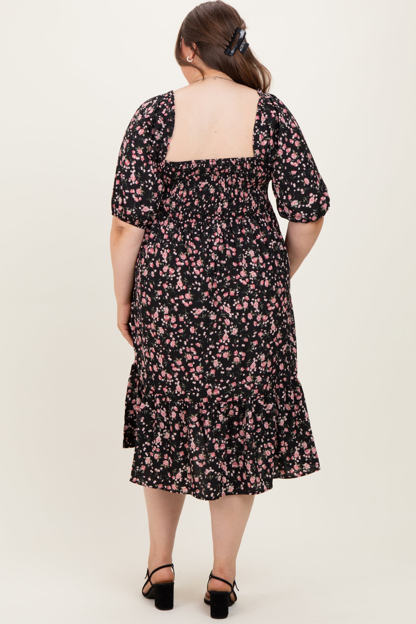 Black Floral Smocked Maternity Plus Midi Dress