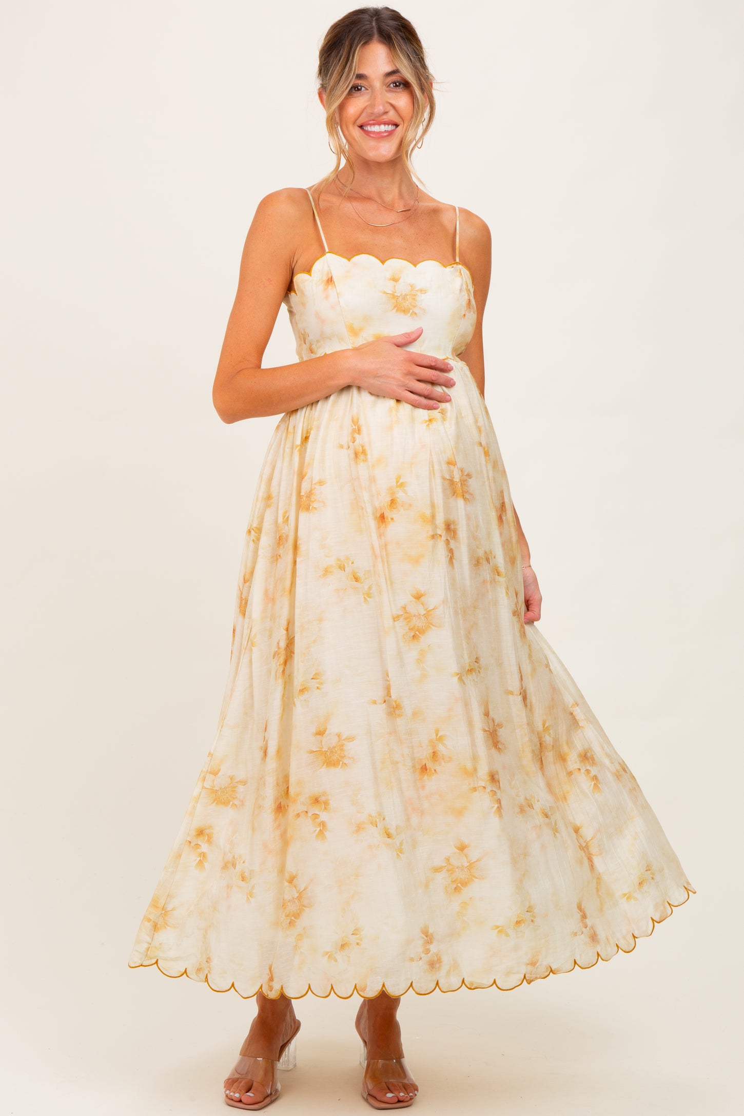 Yellow Faded Floral Scallop Edge Cutout Maternity Midi Dress