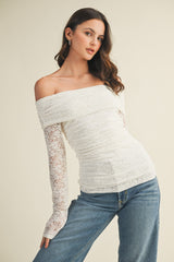 White Lace Off Shoulder Long Sleeve Top
