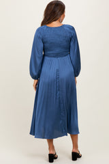 Blue Satin Smocked Pleated Maternity Midi Dress