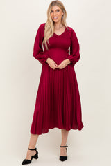 Burgundy Satin Smocked Pleated Midi Dress