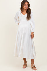 Cream Satin Smocked Pleated Maternity Midi Dress