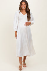 Cream Satin Smocked Pleated Maternity Midi Dress