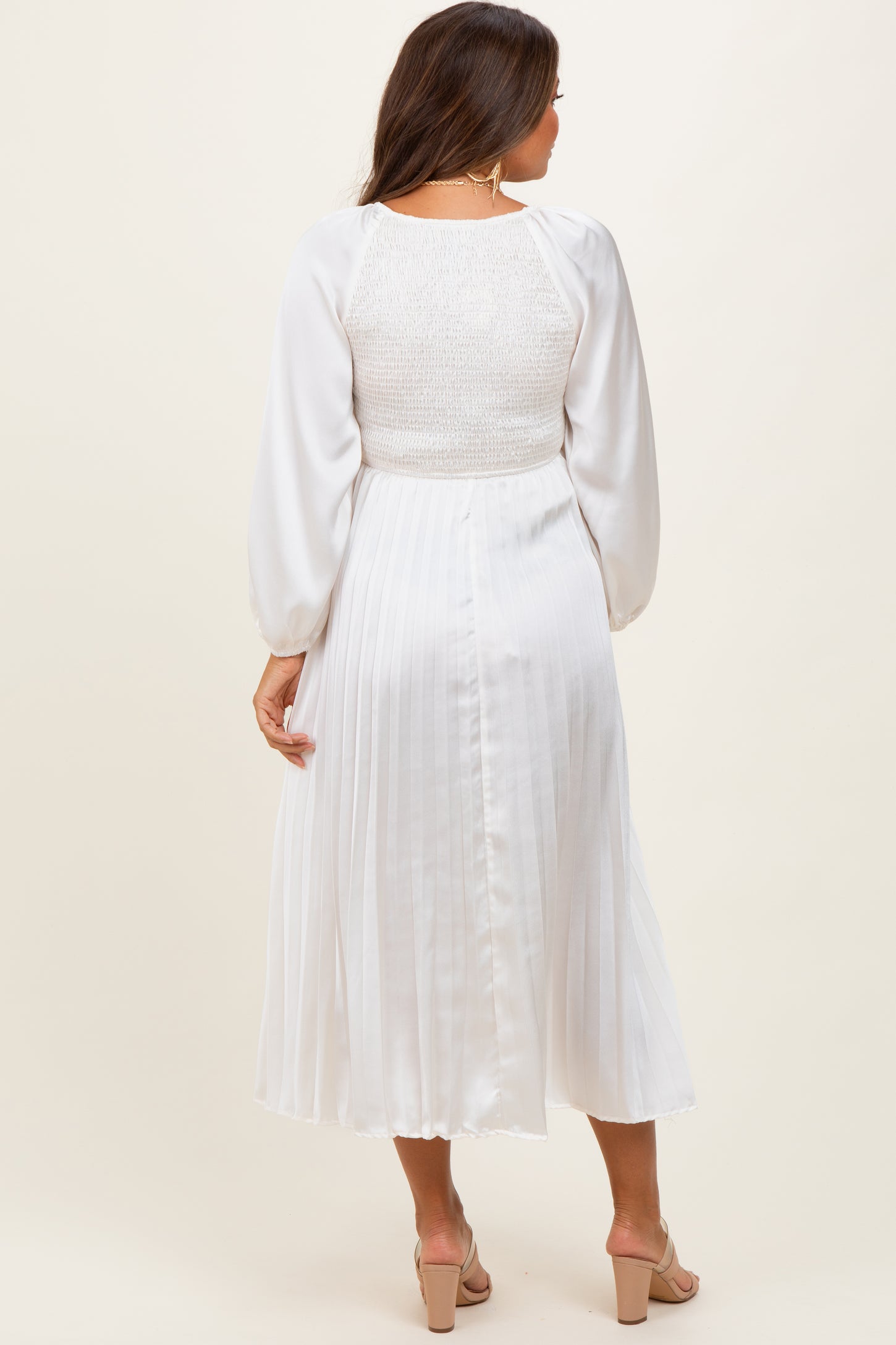 Cream Satin Smocked Pleated Maternity Midi Dress