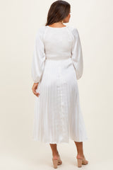 Cream Satin Smocked Pleated Maternity Midi Dress