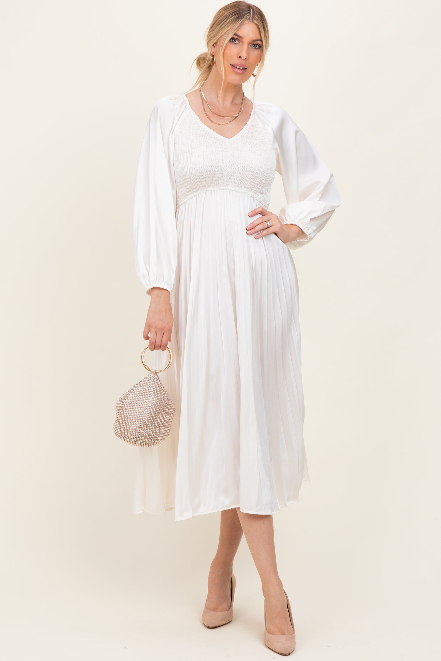 Cream Satin Smocked Pleated Midi Dress