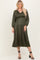 Olive Satin Smocked Pleated Midi Dress