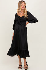 Black Satin Smocked Cinched Bust Maternity Midi Dress