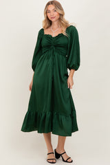 Green Satin Smocked Cinched Bust Maternity Midi Dress