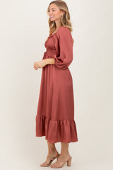 Mauve Satin Smocked Cinched Bust Midi Dress