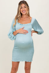 Light Blue Satin Smocked Bubble Sleeve Maternity Mini Dress