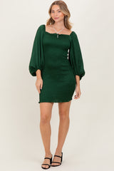 Green Satin Smocked Bubble Sleeve Mini Dress