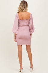 Pink Satin Smocked Bubble Sleeve Maternity Mini Dress