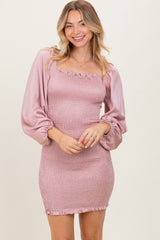 Pink Satin Smocked Bubble Sleeve Maternity Mini Dress