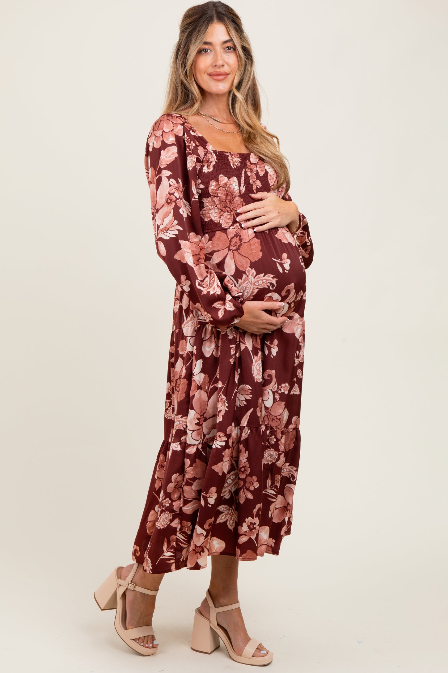 Burgundy Floral Smocked Long Sleeve Maternity Midi Dress