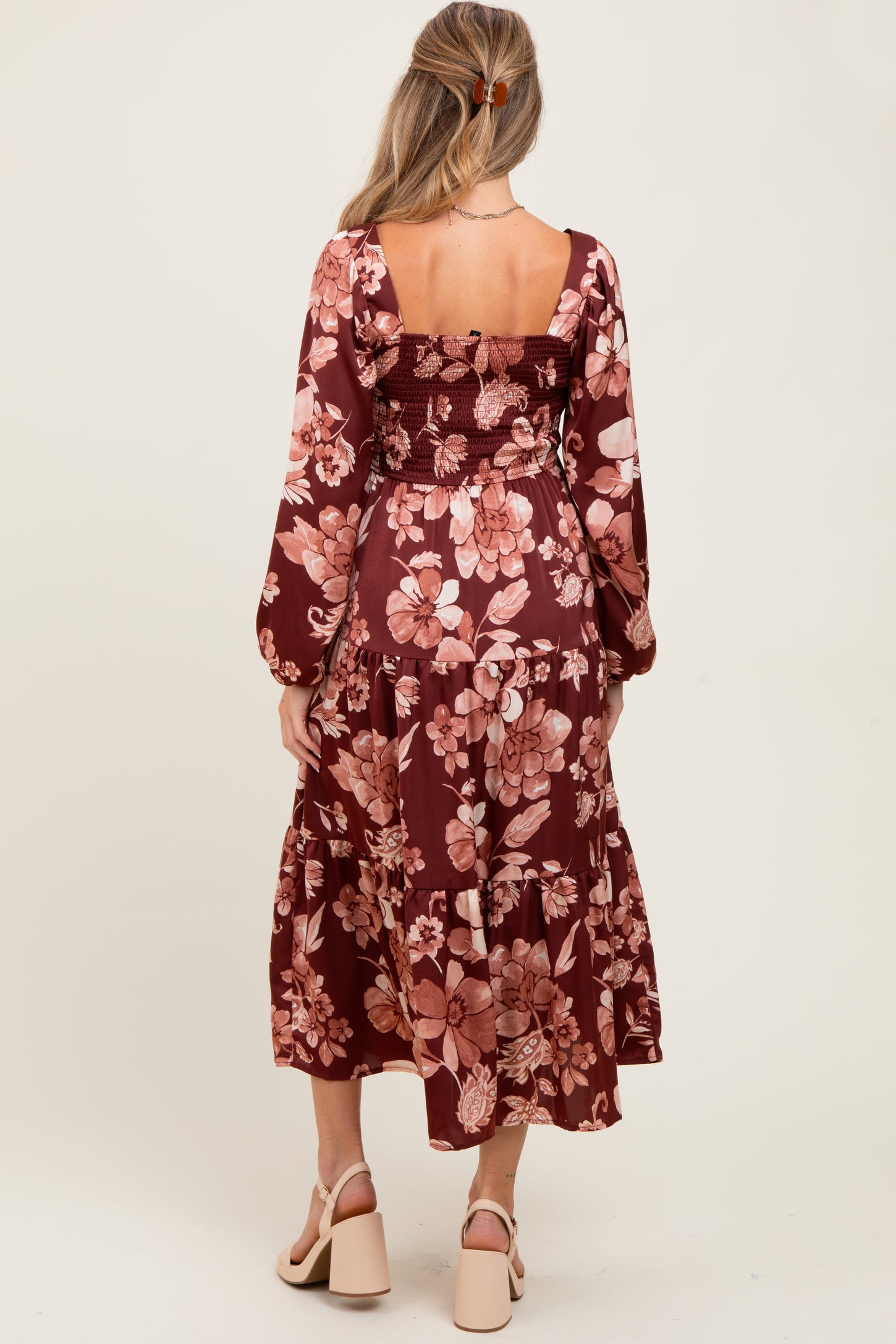 Burgundy Floral Smocked Long Sleeve Maternity Midi Dress