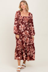 Burgundy Floral Smocked Long Sleeve Midi Dress