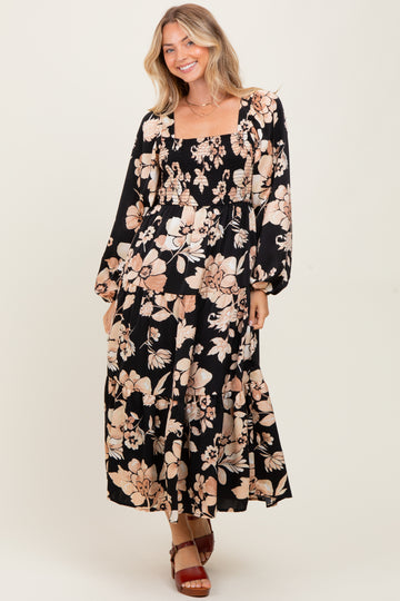 Black Floral Smocked Long Sleeve Midi Dress