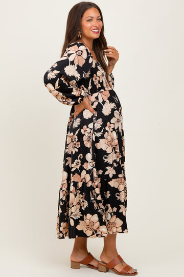 Black Floral Smocked Long Sleeve Maternity Midi Dress