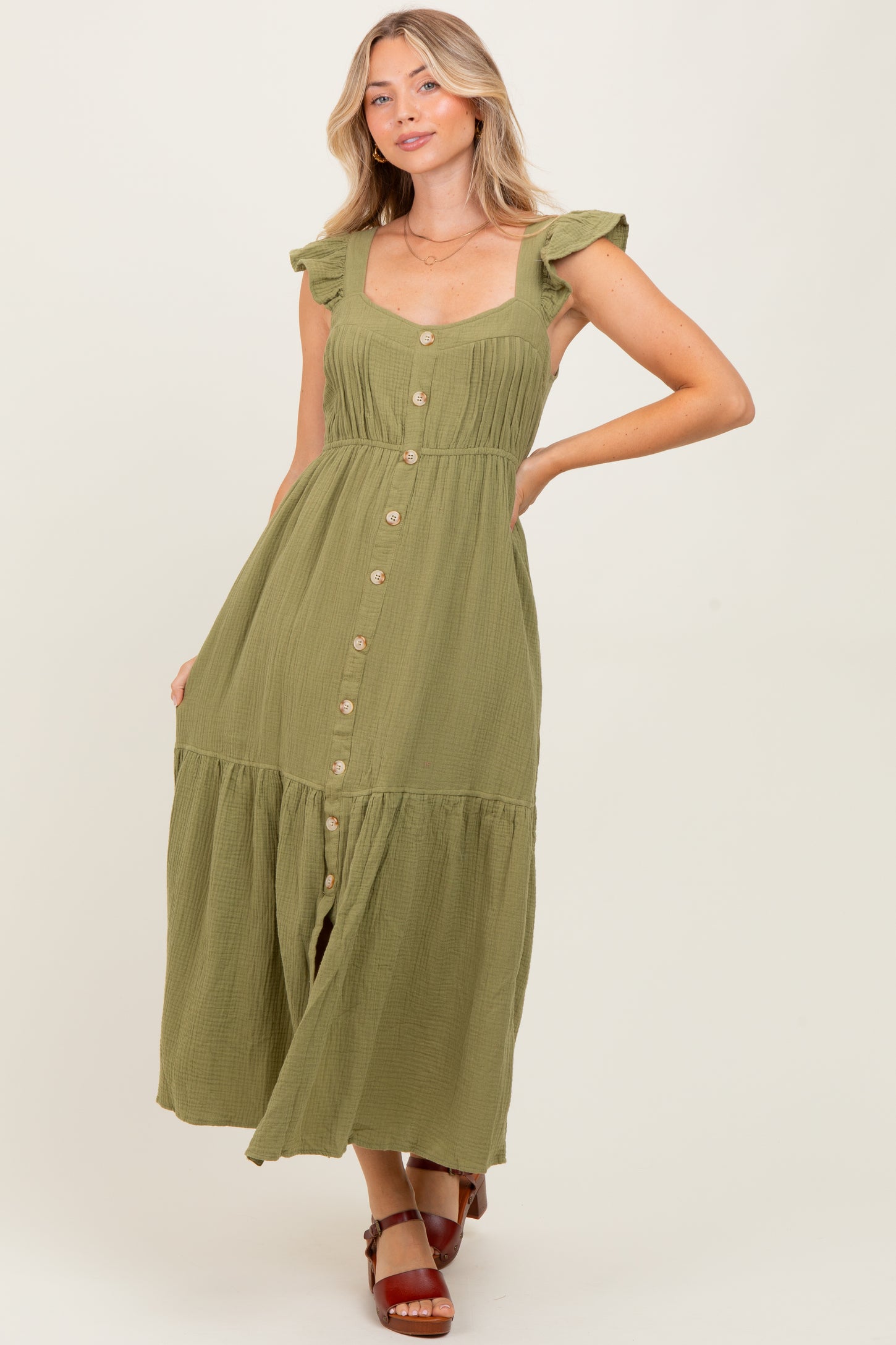 Light Olive Cotton Gauze Button Down Maternity Midi Dress