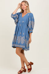 Blue Paisley Embroidered Bubble Sleeve Dress