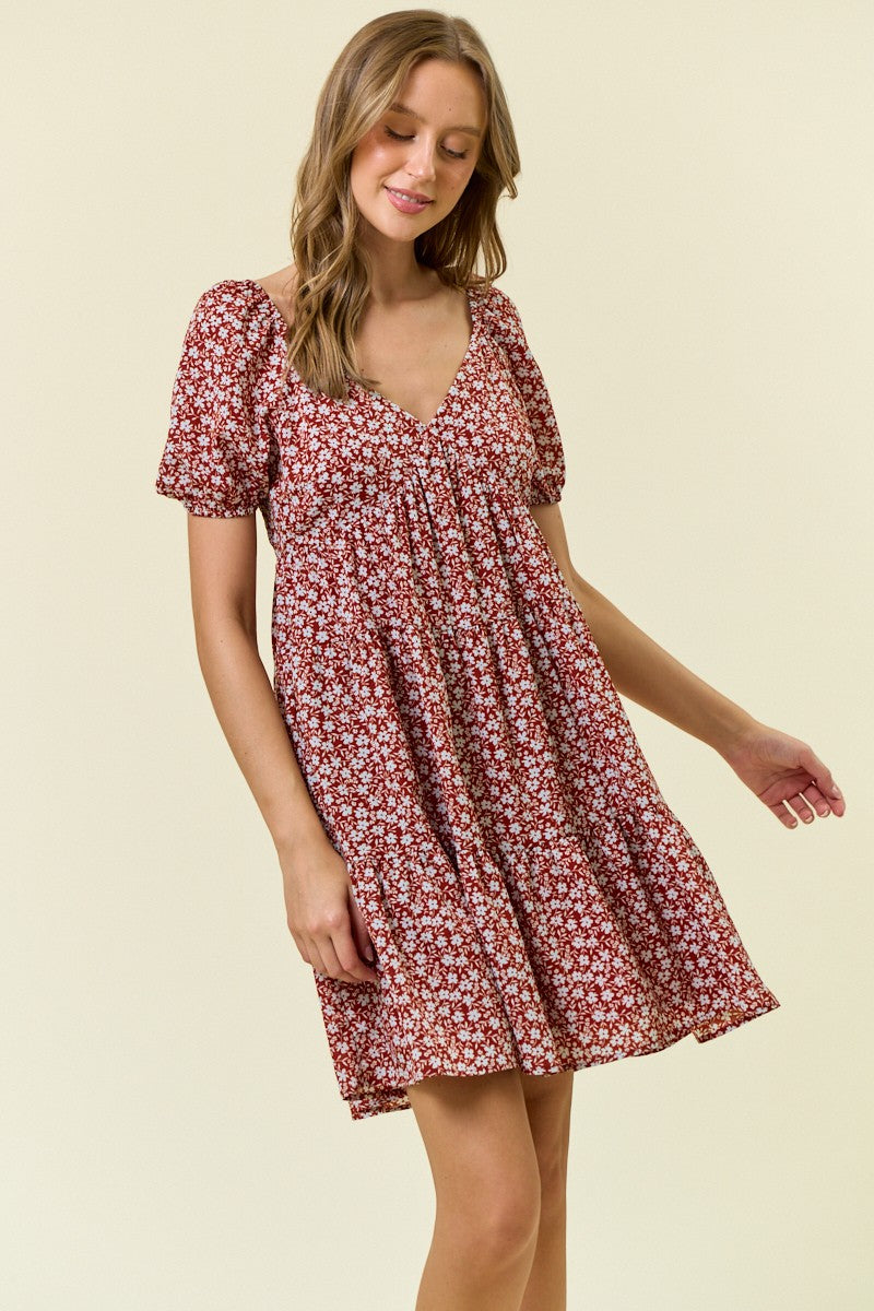 Rust Floral Tiered V-Neck Mini Dress