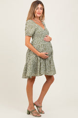 Light Olive Floral Tiered V-Neck Maternity Mini Dress