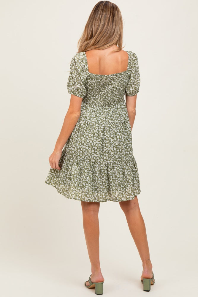 Light Olive Floral Tiered V-Neck Maternity Mini Dress