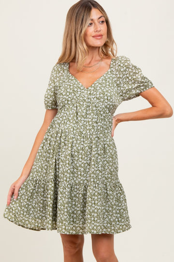 Light Olive Floral Tiered V-Neck Maternity Mini Dress