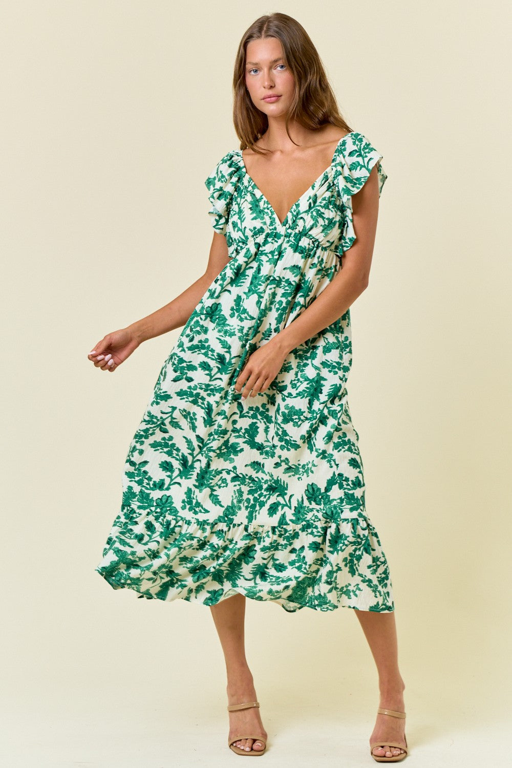 Green Floral V-Neck Flutter Sleeve Midi Dress
