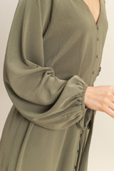 Olive Elegant Long Sleeve Waist Tie Midi Dress