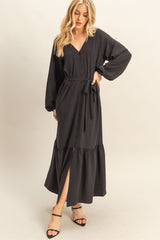 Black Elegant Long Sleeve Waist Tie Midi Dress