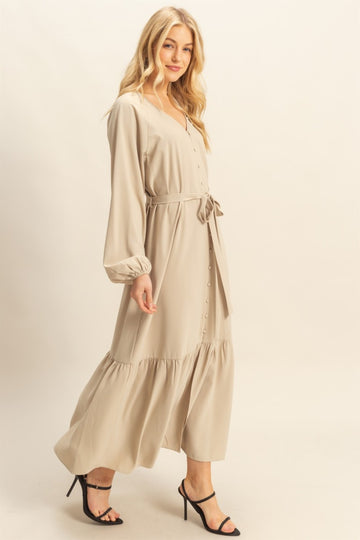 Beige Elegant Long Sleeve Waist Tie Midi Dress